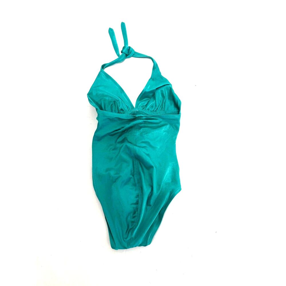 DeWeese Design vintage teal bathing suit - tie halter w/rouched sides - 70s/80s - Picture 5 of 8
